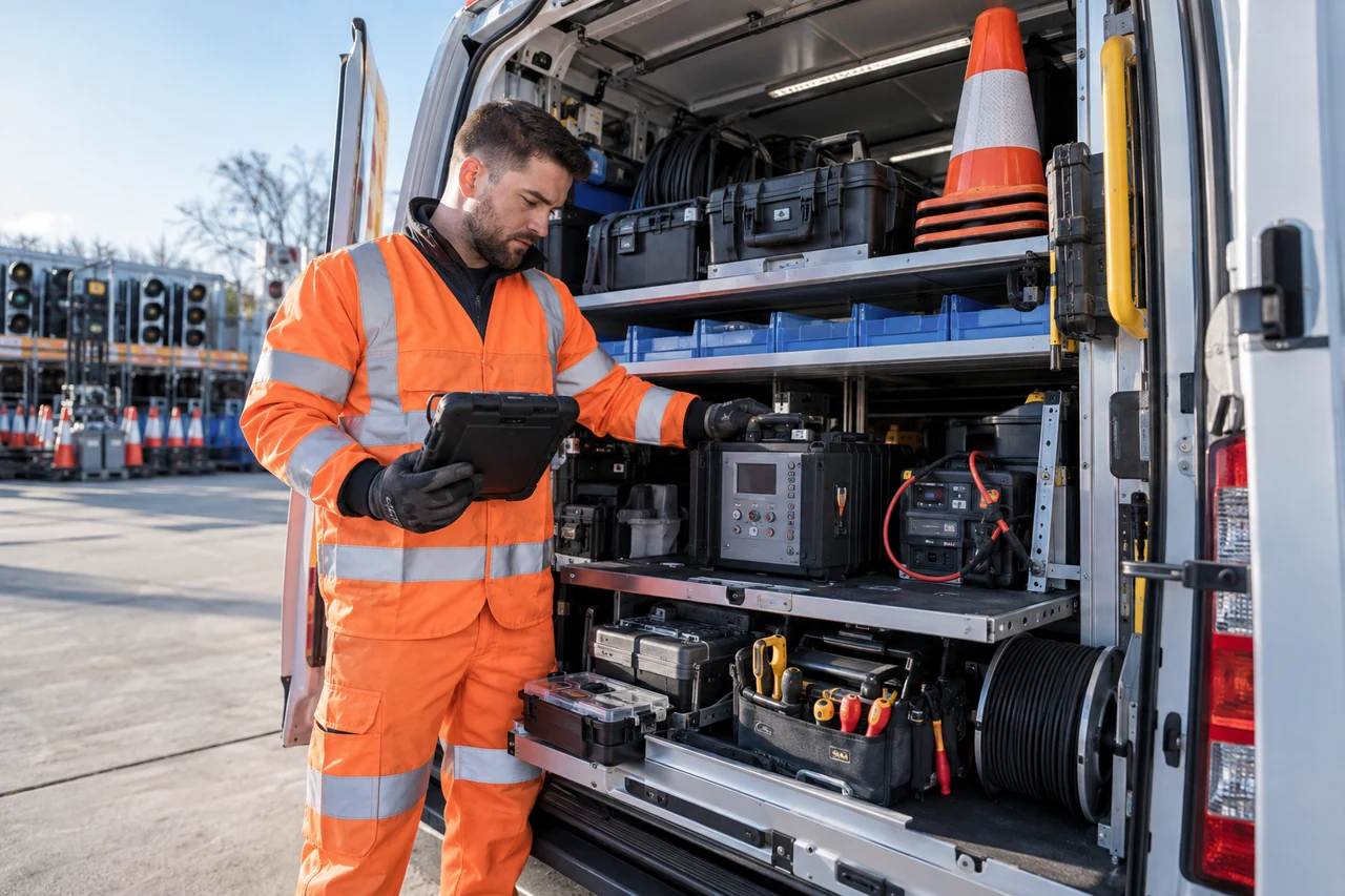 Engineer in high-visibility clothing checking asset information on a tablet