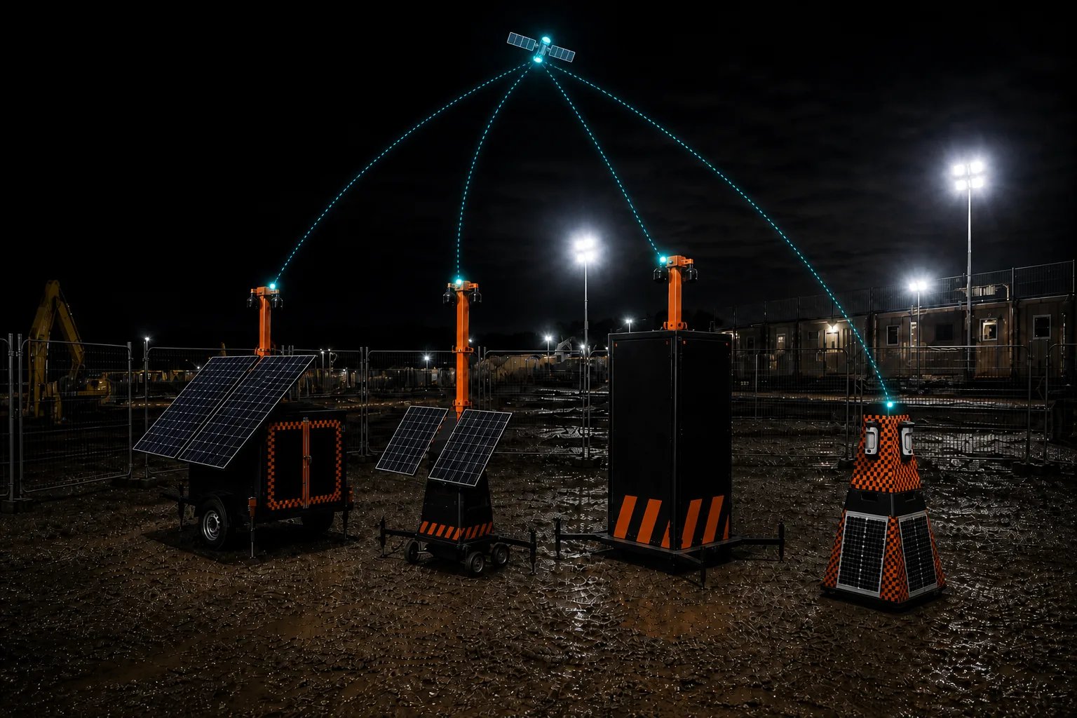 Connected solar-powered security towers on a site at night